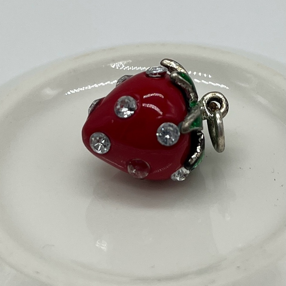 Vintage 1970s Red Enamel Rhinestone Strawberry Charm Necklace Silver Details